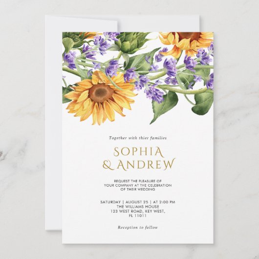 Sonnenblumen & Lavendel Hochzeit Einladung (Vorderseite)