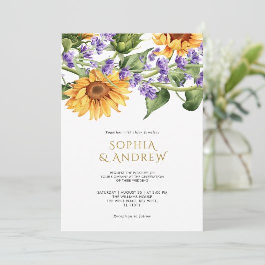 Sonnenblumen & Lavendel Hochzeit Einladung (Stehend Vorderseite)
