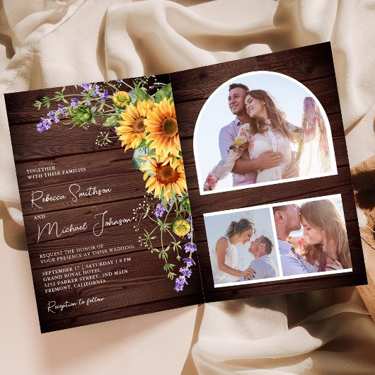 Sonnenblumen Lavendel QR-Code Holz Hochzeit Einladung