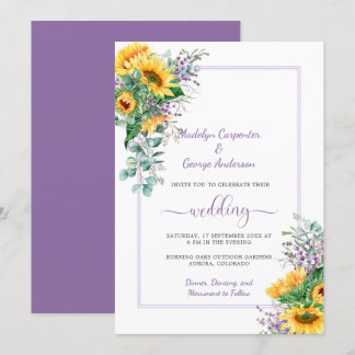 Sonnenblumen Lavender Eukalyptus Grüne Hochzeit in Einladung