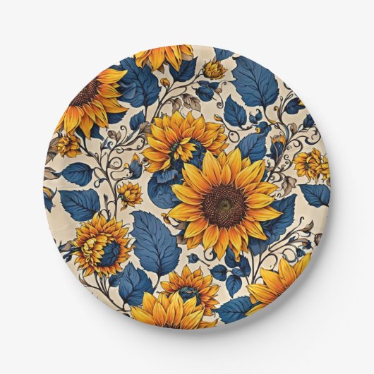 Sonnenblumen: Lebhafte Sonnenblumen Kunstwerk Pappteller (Vorderseite)