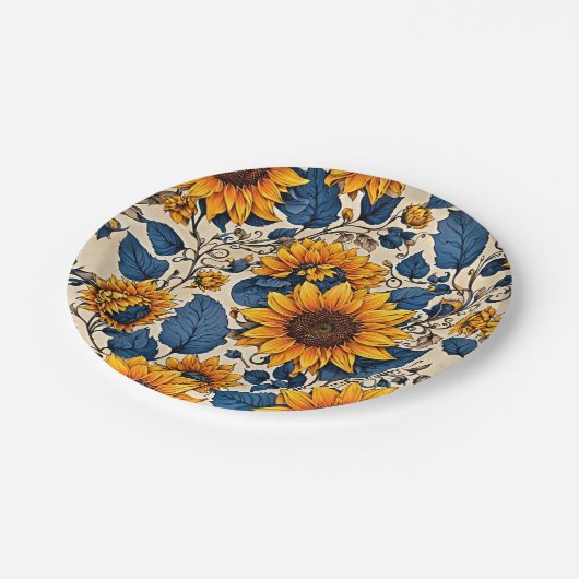 Sonnenblumen: Lebhafte Sonnenblumen Kunstwerk Pappteller (Schrägansicht)