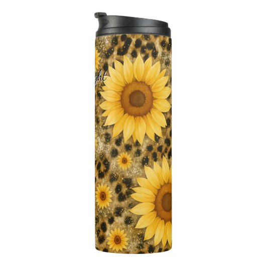 Sonnenblumen Leopard Print Glitzer Thermosbecher (Nach rechts gedreht)