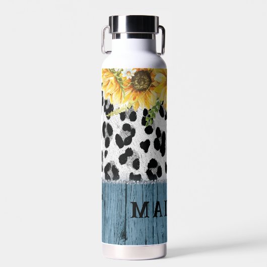 Sonnenblumen Leopard Print Rustic Chic Name Trinkflasche (Vorne)