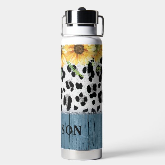 Sonnenblumen Leopard Print Rustic Chic Name Trinkflasche (Hinten)