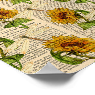 Sonnenblumen Libellen Alte Zeitung Landhausstil Poster