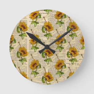 Sonnenblumen Libellen Alte Zeitung Landhausstil Runde Wanduhr