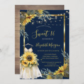 Sonnenblumen, Lichter, Kleid Holztextur Süß 16 Einladung (Vorne/Hinten)