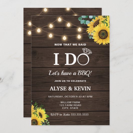 Sonnenblumen, Lichter und Barnwood I DO GRILLEN Einladung (Vorne/Hinten)