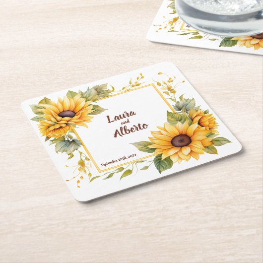 Sonnenblumen-Liebe: Personalisierte Hochzeitsstimm Rechteckiger Pappuntersetzer (angewinkelt)