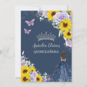 Sonnenblumen Lila Blumen Navy Blue Gown Quinceañer Einladung (Rückseite)