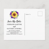 Sonnenblumen Lila Blumengestein Holz Save the Date Ankündigungspostkarte (Rückseite)