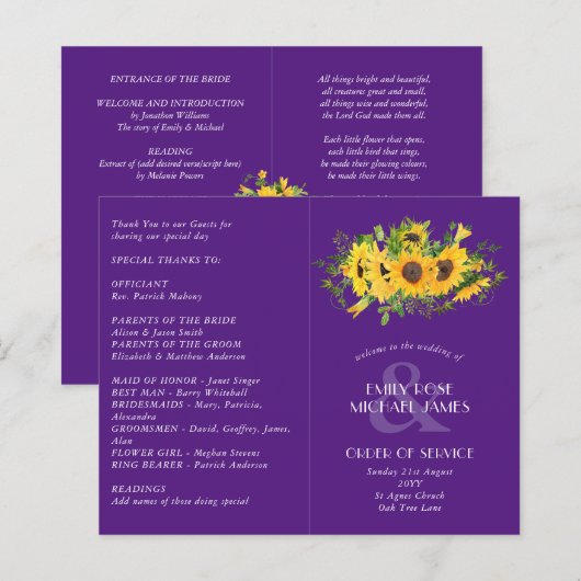 Sonnenblumen Lila Hochzeitsprogramm oder sonstige  (Vorne/Hinten)