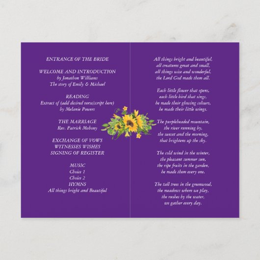 Sonnenblumen Lila Hochzeitsprogramm oder sonstige (Rückseite)