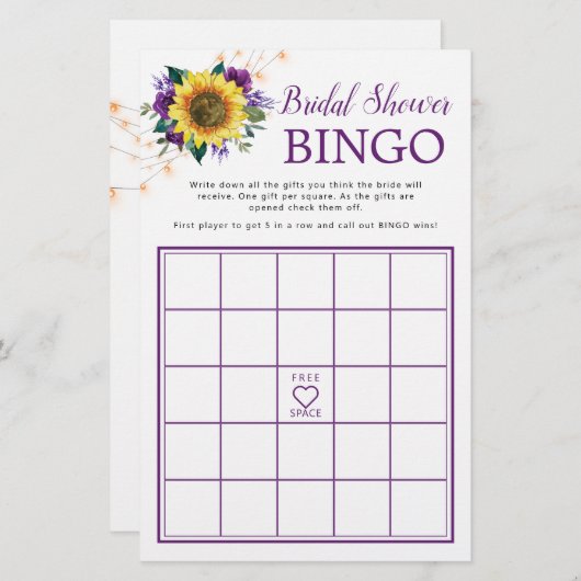 Sonnenblumen Lila Lights Brautparty Bingo Game (Vorne/Hinten)