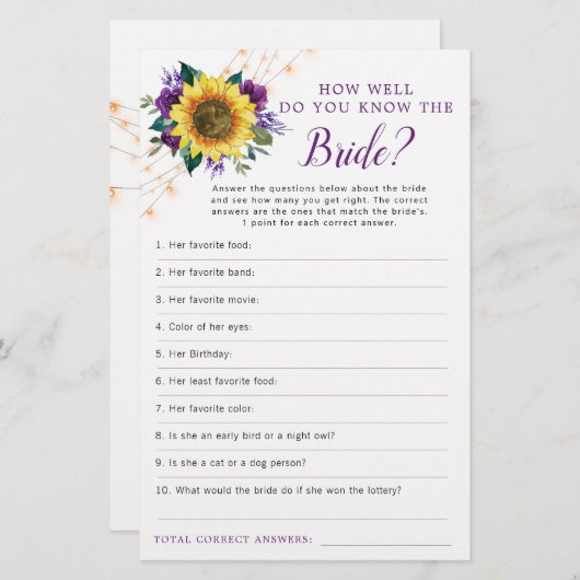 Sonnenblumen Lila Lights Brautparty Game (Vorne/Hinten)