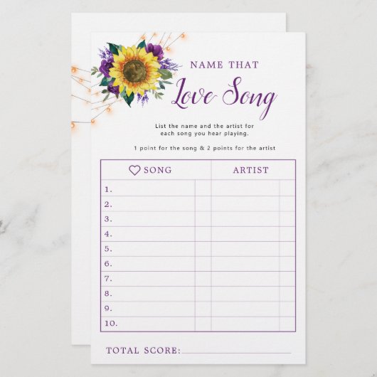 Sonnenblumen Lila Lights Brautparty Song Game (Vorne/Hinten)