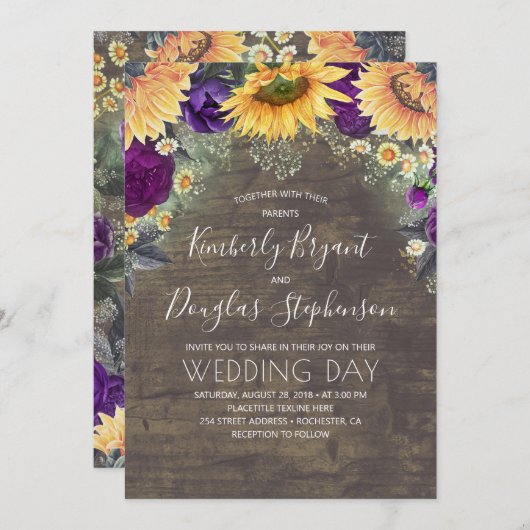 Sonnenblumen Lila Rose Daisies Rustikale Hochzeit Einladung (Vorne/Hinten)