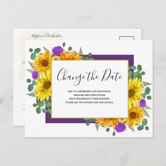 Sonnenblumen Lila Rose Hochzeit ändern das Datum Ankündigungspostkarte (Vorne/Hinten)
