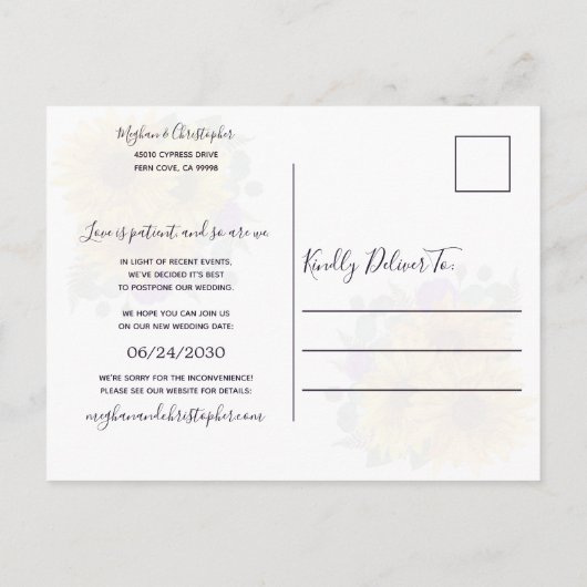 Sonnenblumen Lila Rose Hochzeit ändern das Datum Ankündigungspostkarte (Rückseite)