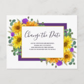 Sonnenblumen Lila Rose Hochzeit ändern das Datum Ankündigungspostkarte (Vorderseite)