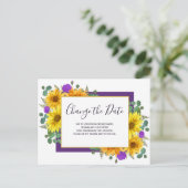 Sonnenblumen Lila Rose Hochzeit ändern das Datum Ankündigungspostkarte (Stehend Vorderseite)