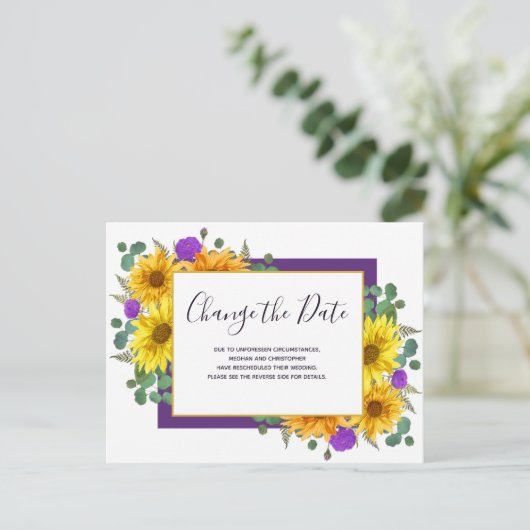 Sonnenblumen Lila Rose Hochzeit ändern das Datum Ankündigungspostkarte (Stehend Vorderseite)