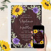 Sonnenblumen Lila Rose Lights Wood Wedding Einladung