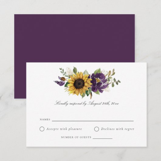 Sonnenblumen Lila Violett-Blume Hochzeit RSVP Einladung (Vorne/Hinten)