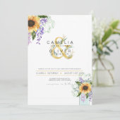 Sonnenblumen Lila Wisteria Moderne Hochzeit INVITE Einladung (Stehend Vorderseite)