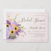 Sonnenblumen Lilac Hydrangea Wood Chic Brautparty Einladung (Vorderseite)