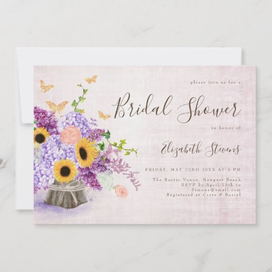 Sonnenblumen Lilac Hydrangea Wood Chic Brautparty Einladung (Vorderseite)