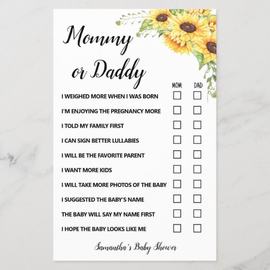 Sonnenblumen Mama oder Vater sagte Baby Shower Gam Flyer (Vorne)
