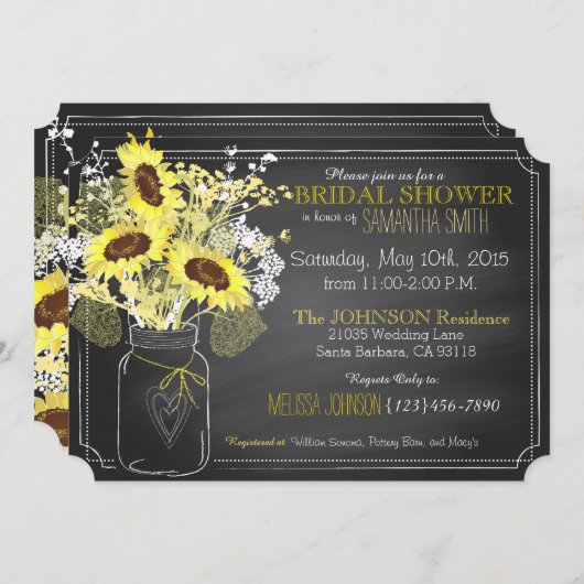 Sonnenblumen Mason Jar Chalkboard Brautparty Einladung (Vorne/Hinten)