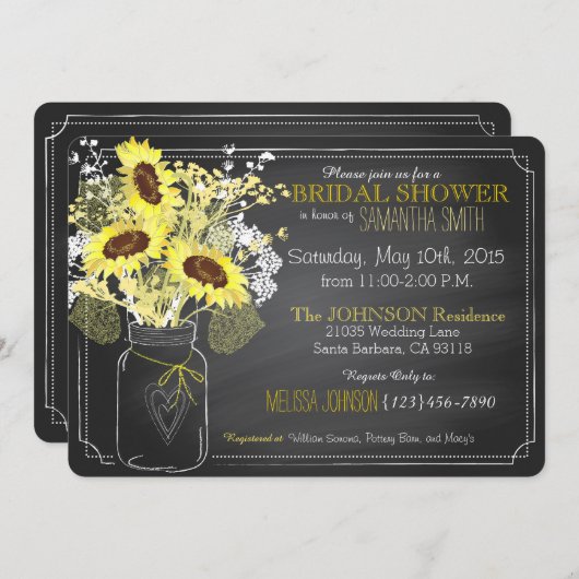 Sonnenblumen Mason Jar Chalkboard Brautparty Einladung (Vorne/Hinten)