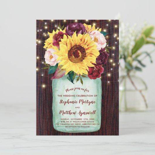 Sonnenblumen Mason Jar String Lights Blumenhochzei Einladung (Stehend Vorderseite)