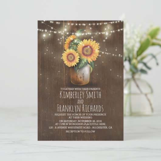 Sonnenblumen Mason Jar String Lights Hochzeit im H Einladung (Stehend Vorderseite)