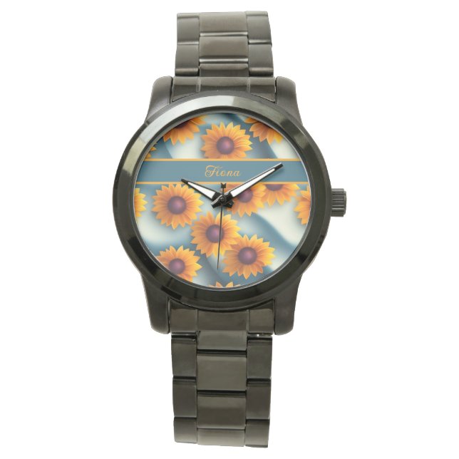 Sonnenblumen mit blauem Hintergrund Muster Armbanduhr (Vorderseite)