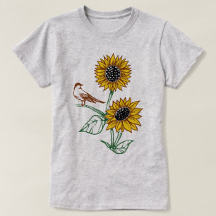 Sonnenblumen mit einem kleinen Vogel auf einer Zwe T-Shirt