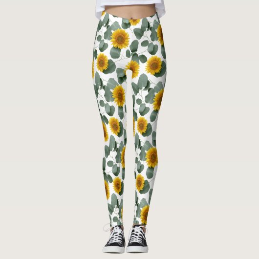 Sonnenblumen mit Eukalyptusblätter-Muster Leggings (Vorderseite)