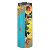 Sonnenblumen mit Glitzer auf rustikalem blauen Hol Thermosbecher (Rückseite)