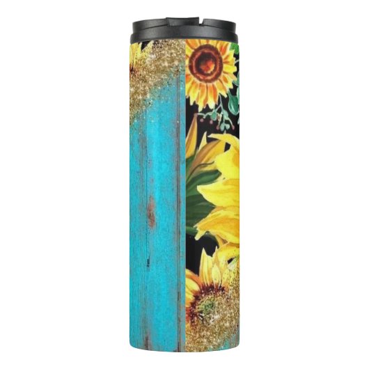 Sonnenblumen mit Glitzer auf rustikalem blauen Hol Thermosbecher (Rückseite)