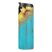Sonnenblumen mit Glitzer auf rustikalem blauen Hol Thermosbecher (Nach rechts gedreht)