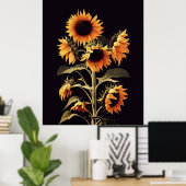 SONNENBLUMEN MIT GRÜNEN BLÄTTER IN SCHWARZ POSTER (Heimbüro)