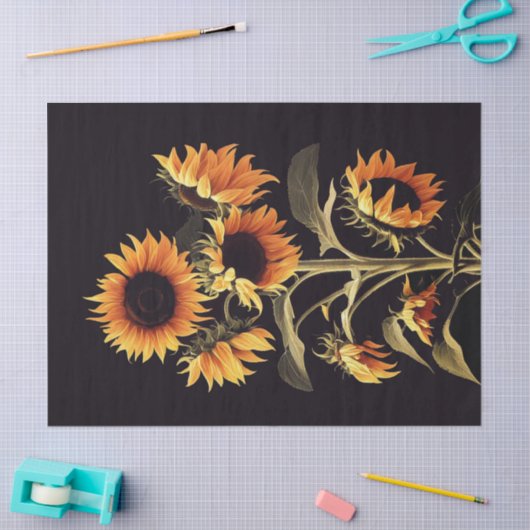 SONNENBLUMEN MIT GRÜNEN BLÄTTER IN SCHWARZ SEIDENPAPIER (Basteln)