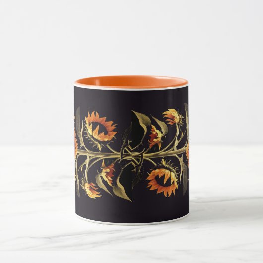 SONNENBLUMEN MIT GRÜNEN BLÄTTER IN SCHWARZ TASSE (Zentrum)
