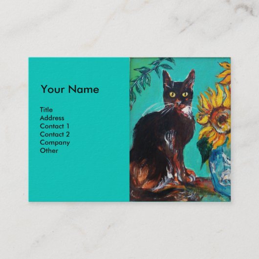 SONNENBLUMEN MIT KATZE, blau Visitenkarte (Vorderseite)