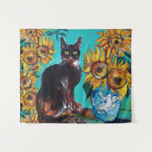 SONNENBLUMEN MIT KATZE IN BLAU TÜRKIS WANDTEPPICH