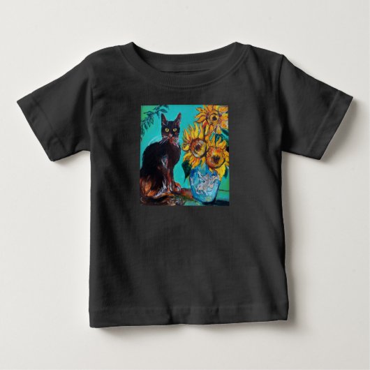 SONNENBLUMEN MIT KATZE IN BLAUEM TURQUOISE BABY T-SHIRT (Vorderseite)