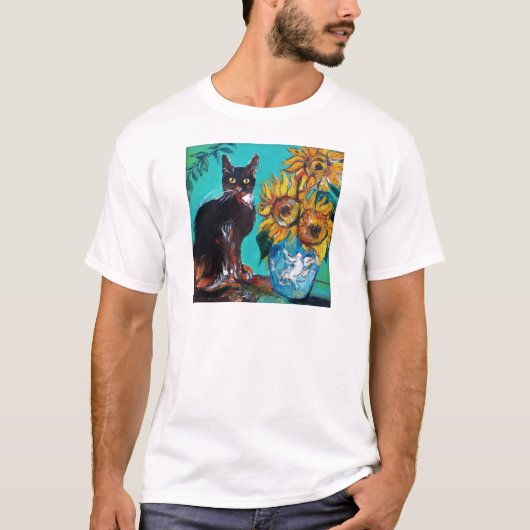 SONNENBLUMEN MIT KATZE IN BLAUEM TURQUOISE T-Shirt (Vorderseite)